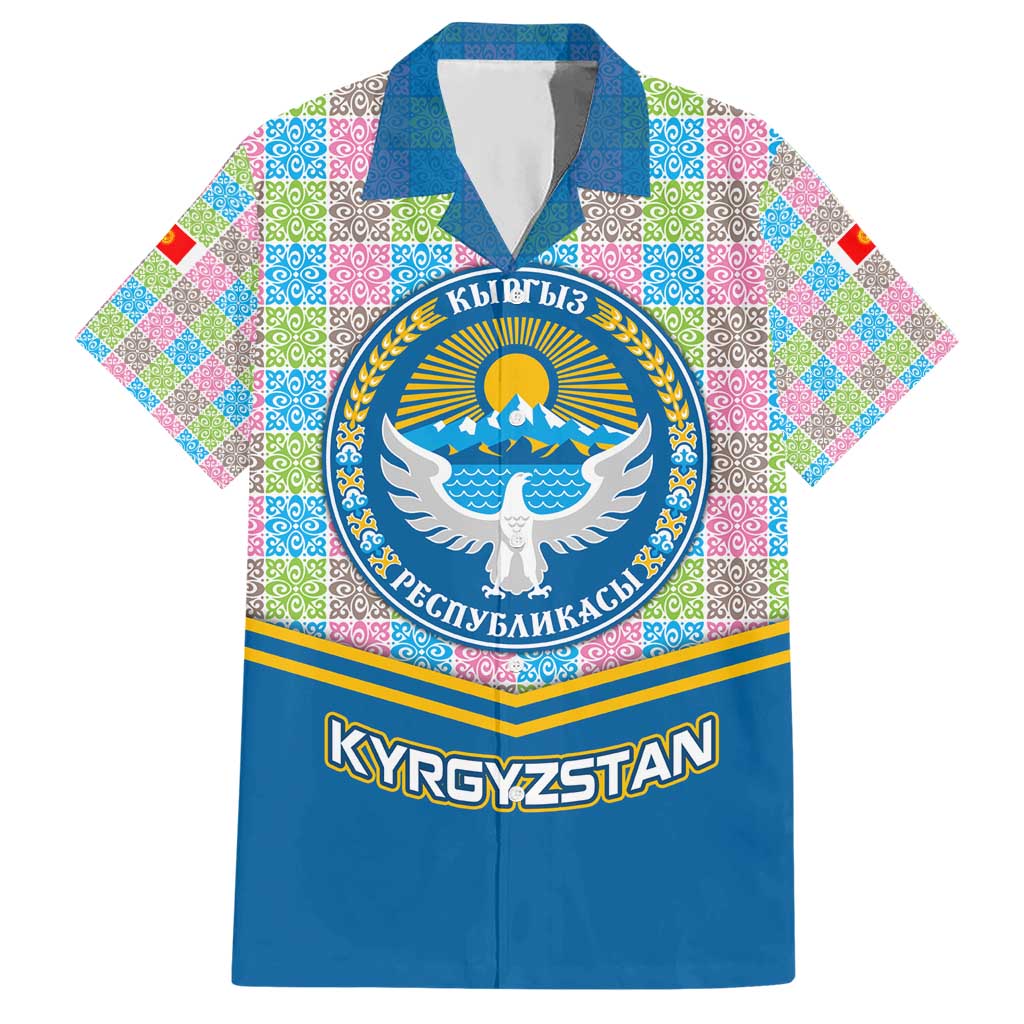 Kyrgyzstan Colorful Patchwork Pattern Hawaiian Shirt with National Crest and Flag Accents
