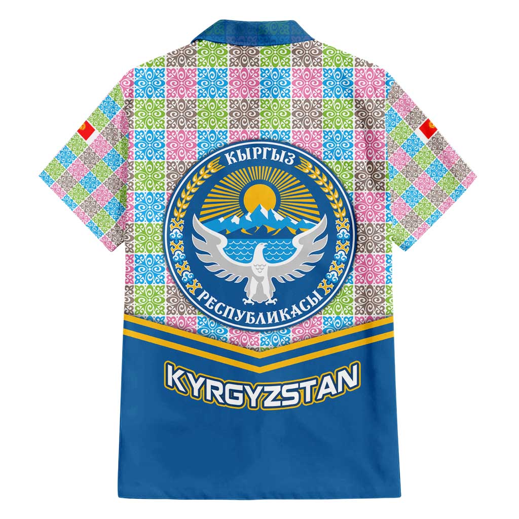 Kyrgyzstan Colorful Patchwork Pattern Hawaiian Shirt with National Crest and Flag Accents