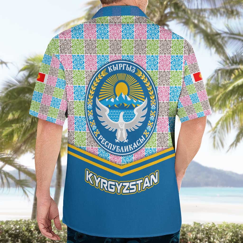 Kyrgyzstan Colorful Patchwork Pattern Hawaiian Shirt with National Crest and Flag Accents