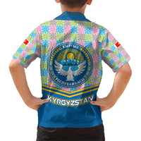 Kyrgyzstan Colorful Patchwork Pattern Hawaiian Shirt with National Crest and Flag Accents