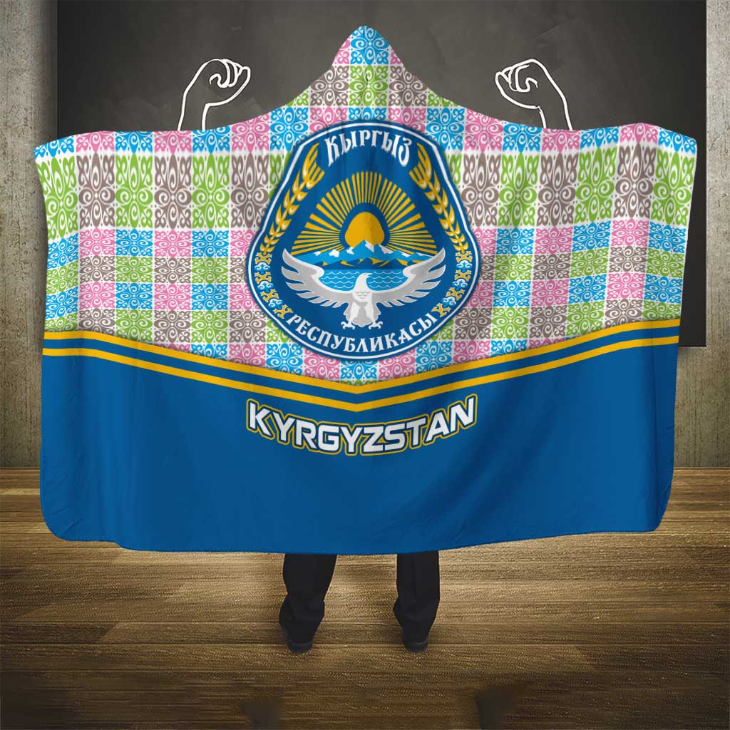 Kyrgyzstan Colorful Patchwork Pattern Hooded Blanket with National Crest and Flag Accents