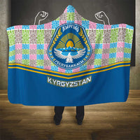 Kyrgyzstan Colorful Patchwork Pattern Hooded Blanket with National Crest and Flag Accents