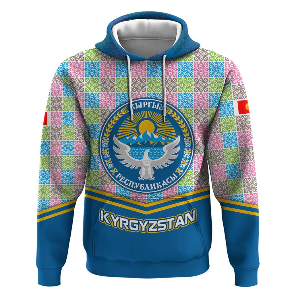 Kyrgyzstan Colorful Patchwork Pattern Hoodie with National Crest and Flag Accents