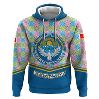 Kyrgyzstan Colorful Patchwork Pattern Hoodie with National Crest and Flag Accents