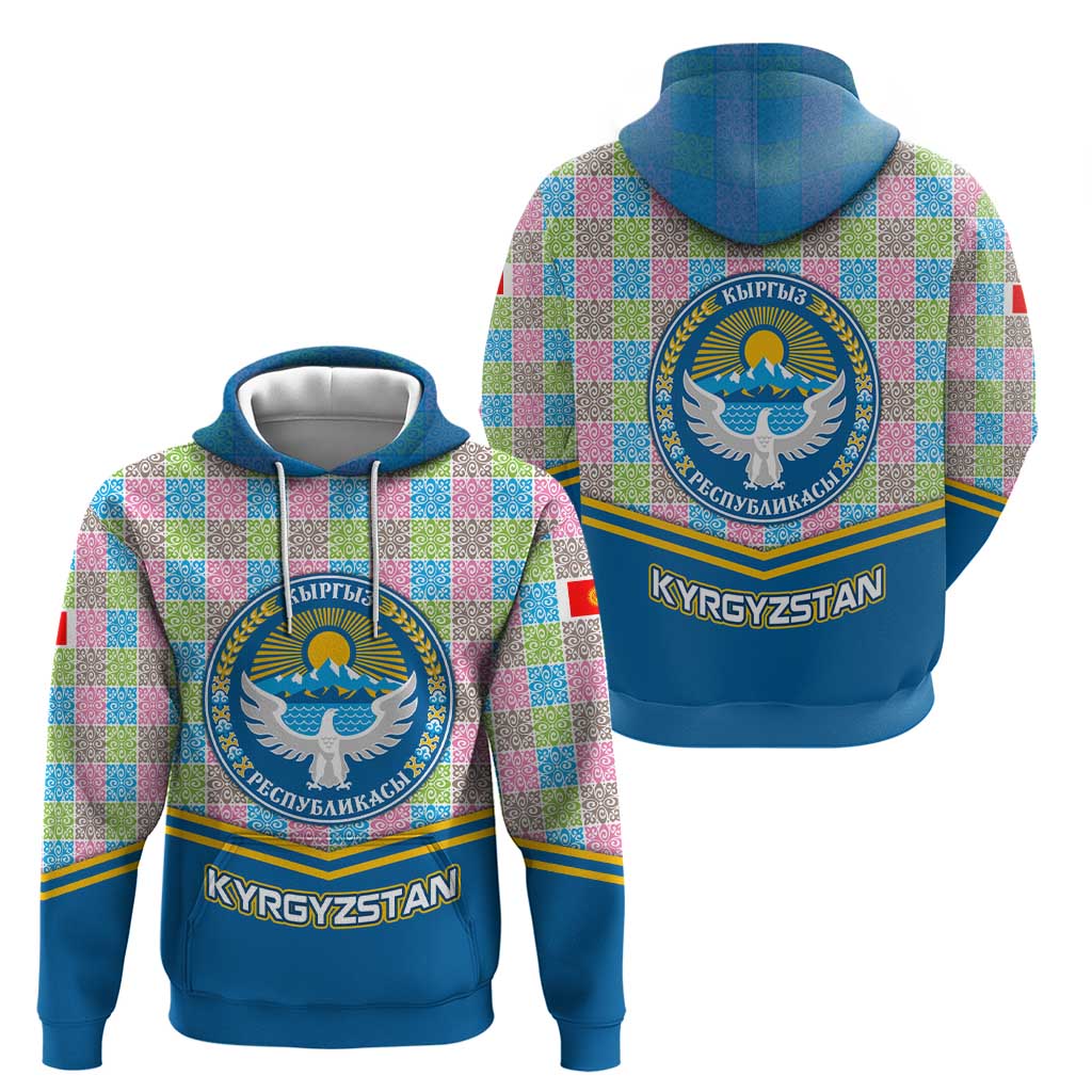 Kyrgyzstan Colorful Patchwork Pattern Hoodie with National Crest and Flag Accents