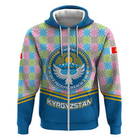 Kyrgyzstan Colorful Patchwork Pattern Hoodie with National Crest and Flag Accents