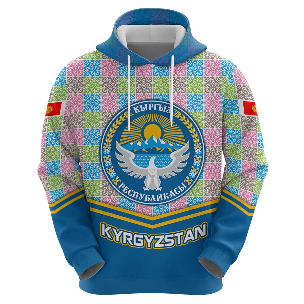 Kyrgyzstan Colorful Patchwork Pattern Hoodie with National Crest and Flag Accents