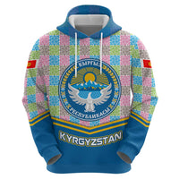 Kyrgyzstan Colorful Patchwork Pattern Hoodie with National Crest and Flag Accents