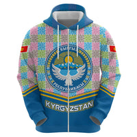 Kyrgyzstan Colorful Patchwork Pattern Hoodie with National Crest and Flag Accents