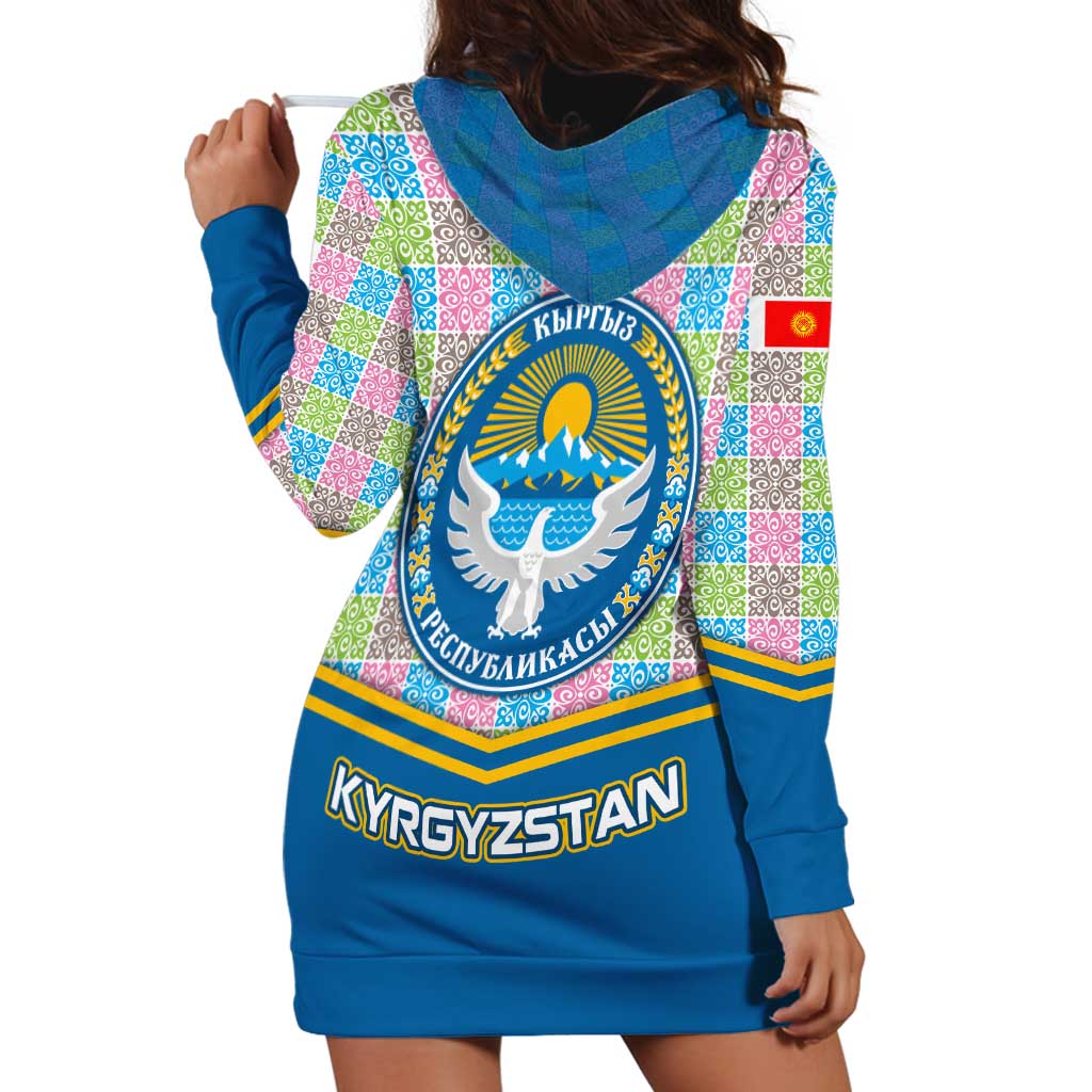 Kyrgyzstan Colorful Patchwork Pattern Hoodie Dress with National Crest and Flag Accents