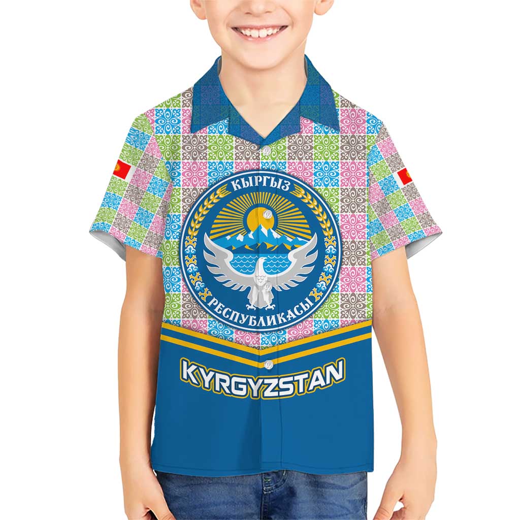 Kyrgyzstan Colorful Patchwork Pattern Kid Hawaiian Shirt with National Crest and Flag Accents