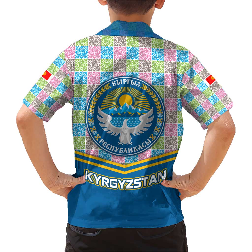 Kyrgyzstan Colorful Patchwork Pattern Kid Hawaiian Shirt with National Crest and Flag Accents