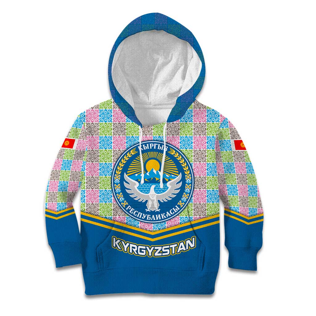 Kyrgyzstan Colorful Patchwork Pattern Kid Hoodie with National Crest and Flag Accents