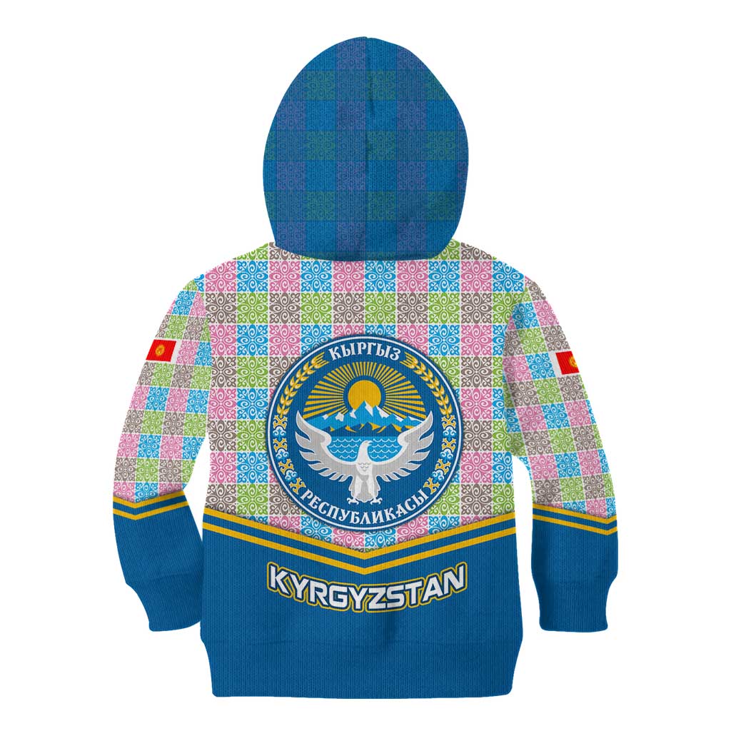 Kyrgyzstan Colorful Patchwork Pattern Kid Hoodie with National Crest and Flag Accents
