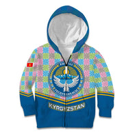 Kyrgyzstan Colorful Patchwork Pattern Kid Hoodie with National Crest and Flag Accents