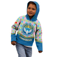 Kyrgyzstan Colorful Patchwork Pattern Kid Hoodie with National Crest and Flag Accents
