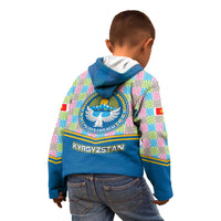 Kyrgyzstan Colorful Patchwork Pattern Kid Hoodie with National Crest and Flag Accents