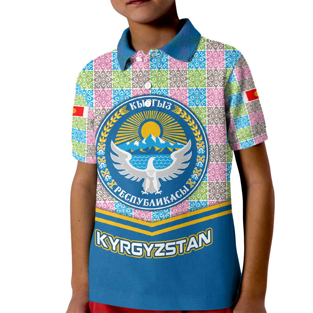 Kyrgyzstan Colorful Patchwork Pattern Kid Polo Shirt with National Crest and Flag Accents