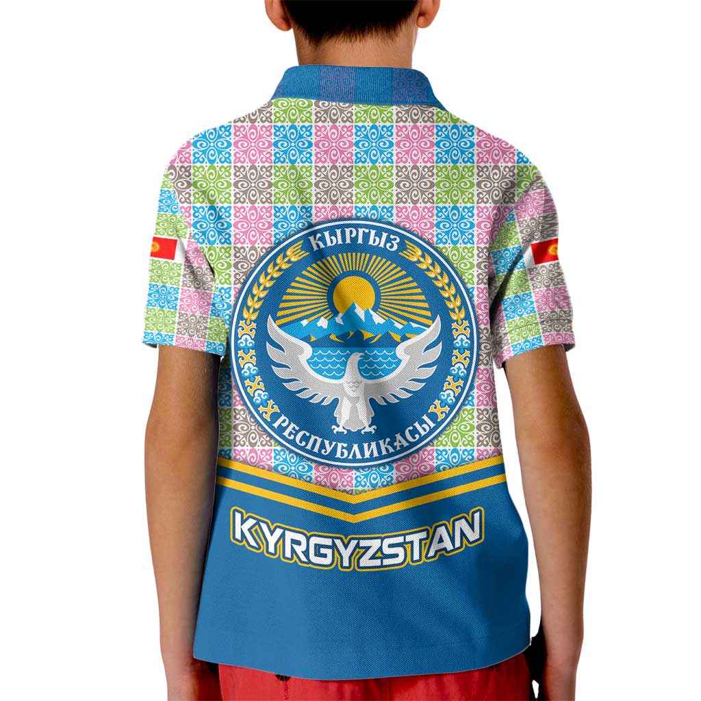 Kyrgyzstan Colorful Patchwork Pattern Kid Polo Shirt with National Crest and Flag Accents