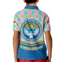 Kyrgyzstan Colorful Patchwork Pattern Kid Polo Shirt with National Crest and Flag Accents