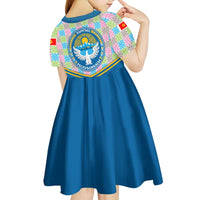 Kyrgyzstan Colorful Patchwork Pattern Kid Short Sleeve Dress with National Crest and Flag Accents