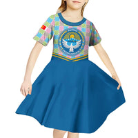 Kyrgyzstan Colorful Patchwork Pattern Kid Short Sleeve Dress with National Crest and Flag Accents