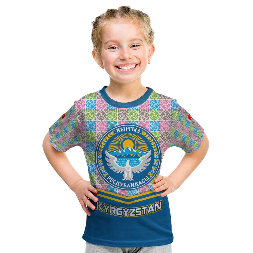 Kyrgyzstan Colorful Patchwork Pattern Kid T Shirt with National Crest and Flag Accents