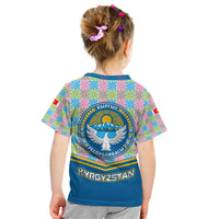 Kyrgyzstan Colorful Patchwork Pattern Kid T Shirt with National Crest and Flag Accents