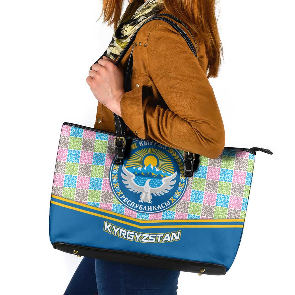 Kyrgyzstan Colorful Patchwork Pattern Leather Tote Bag with National Crest and Flag Accents
