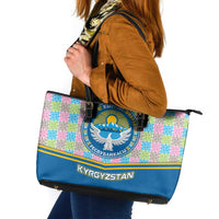 Kyrgyzstan Colorful Patchwork Pattern Leather Tote Bag with National Crest and Flag Accents