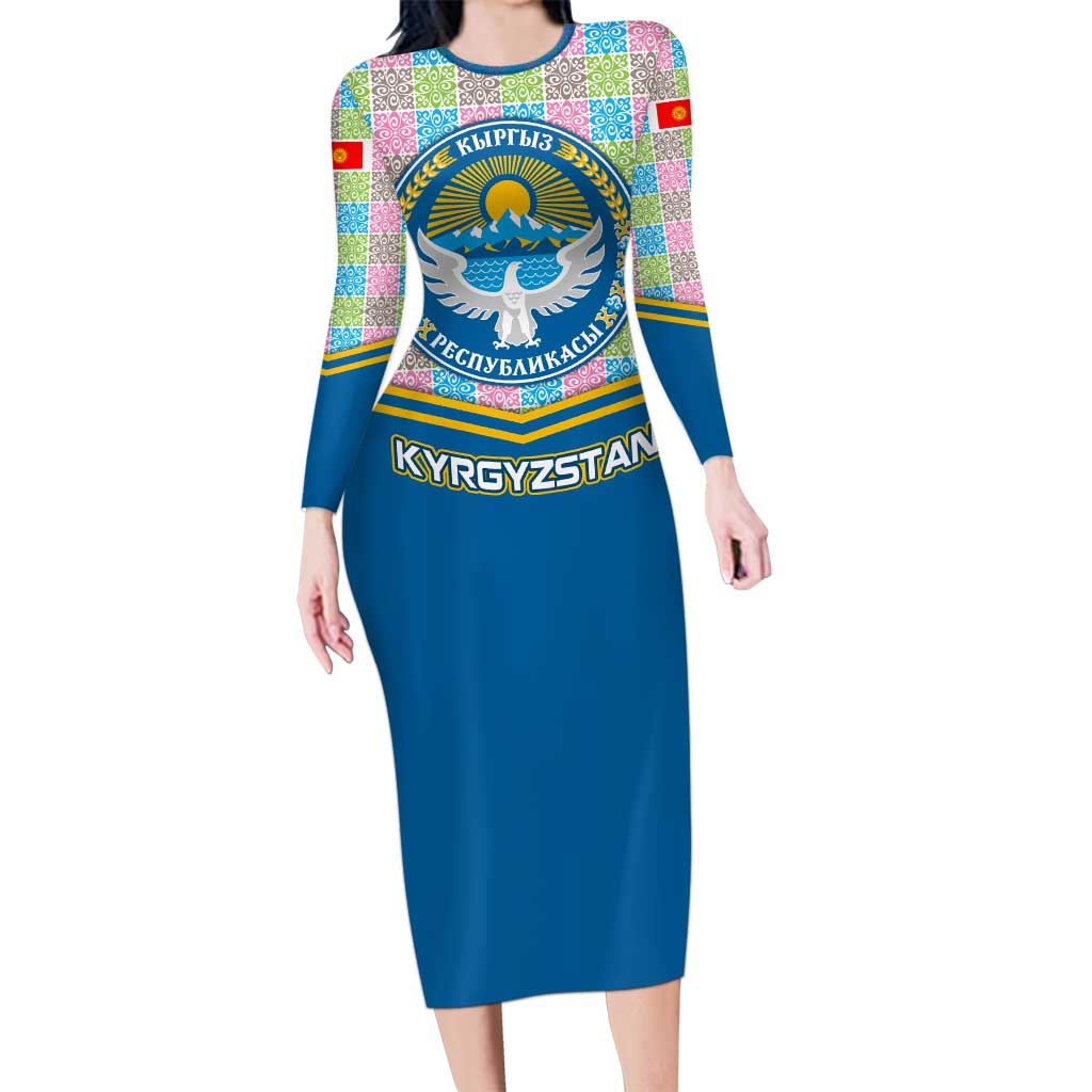 Kyrgyzstan Colorful Patchwork Pattern Long Sleeve Bodycon Dress with National Crest and Flag Accents