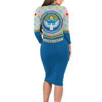 Kyrgyzstan Colorful Patchwork Pattern Long Sleeve Bodycon Dress with National Crest and Flag Accents