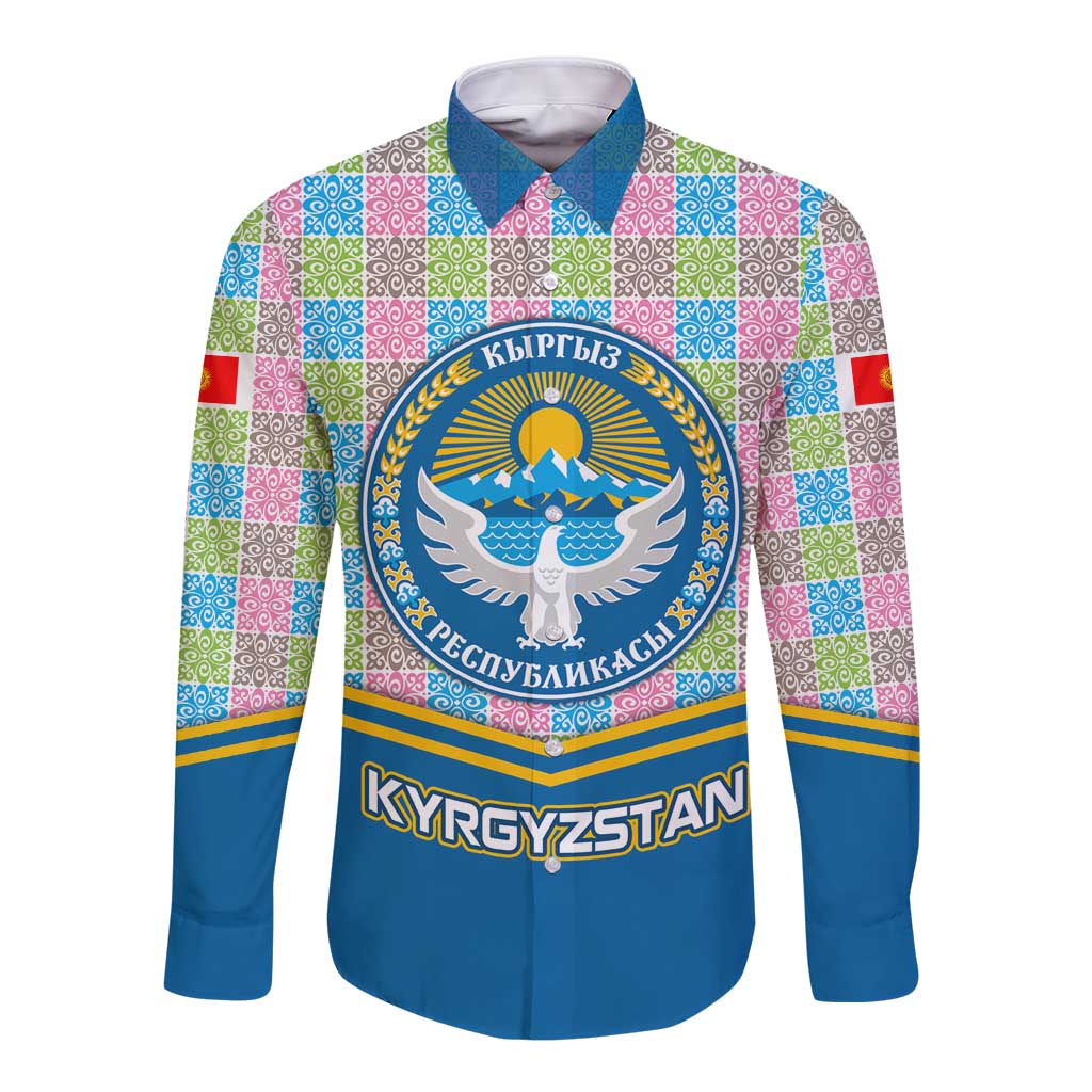 Kyrgyzstan Colorful Patchwork Pattern Long Sleeve Button Shirt with National Crest and Flag Accents