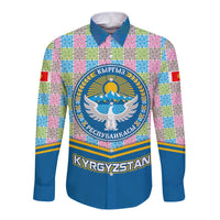 Kyrgyzstan Colorful Patchwork Pattern Long Sleeve Button Shirt with National Crest and Flag Accents
