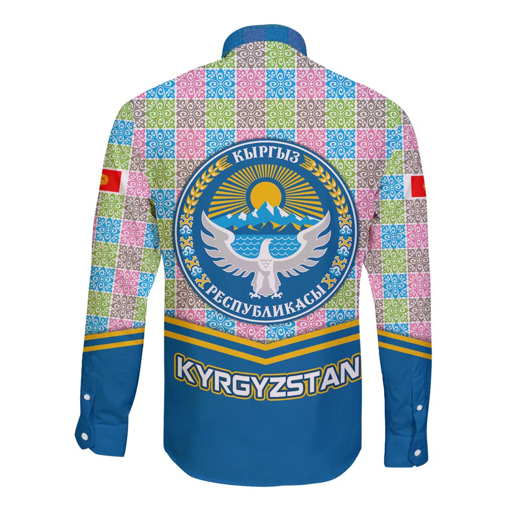 Kyrgyzstan Colorful Patchwork Pattern Long Sleeve Button Shirt with National Crest and Flag Accents