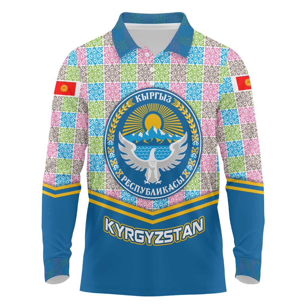 Kyrgyzstan Colorful Patchwork Pattern Long Sleeve Polo Shirt with National Crest and Flag Accents