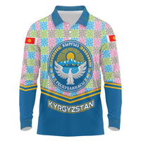 Kyrgyzstan Colorful Patchwork Pattern Long Sleeve Polo Shirt with National Crest and Flag Accents