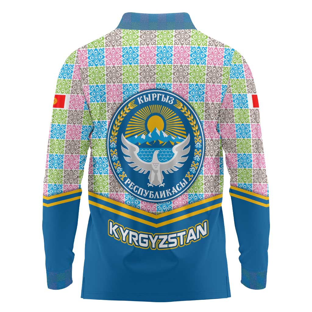 Kyrgyzstan Colorful Patchwork Pattern Long Sleeve Polo Shirt with National Crest and Flag Accents