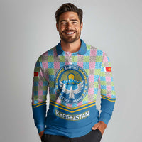 Kyrgyzstan Colorful Patchwork Pattern Long Sleeve Polo Shirt with National Crest and Flag Accents