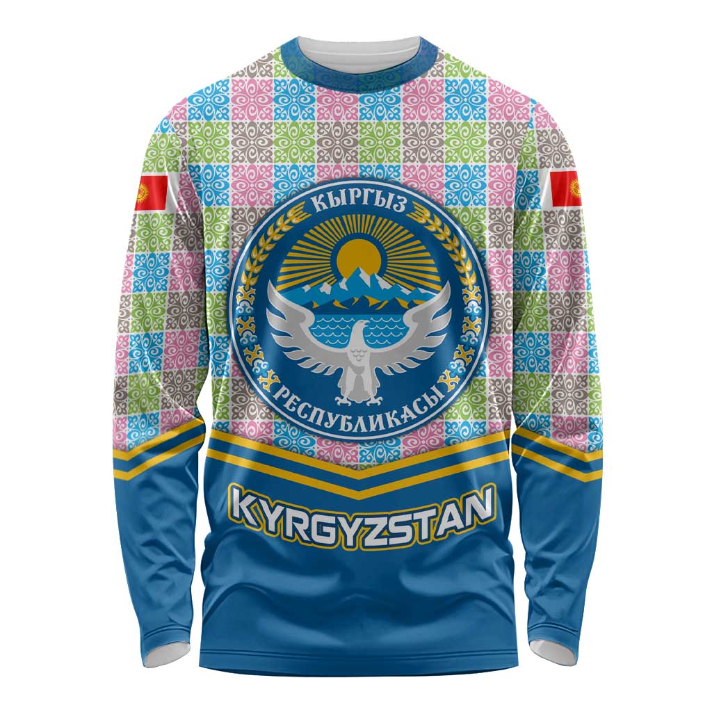 Kyrgyzstan Colorful Patchwork Pattern Long Sleeve Shirt with National Crest and Flag Accents