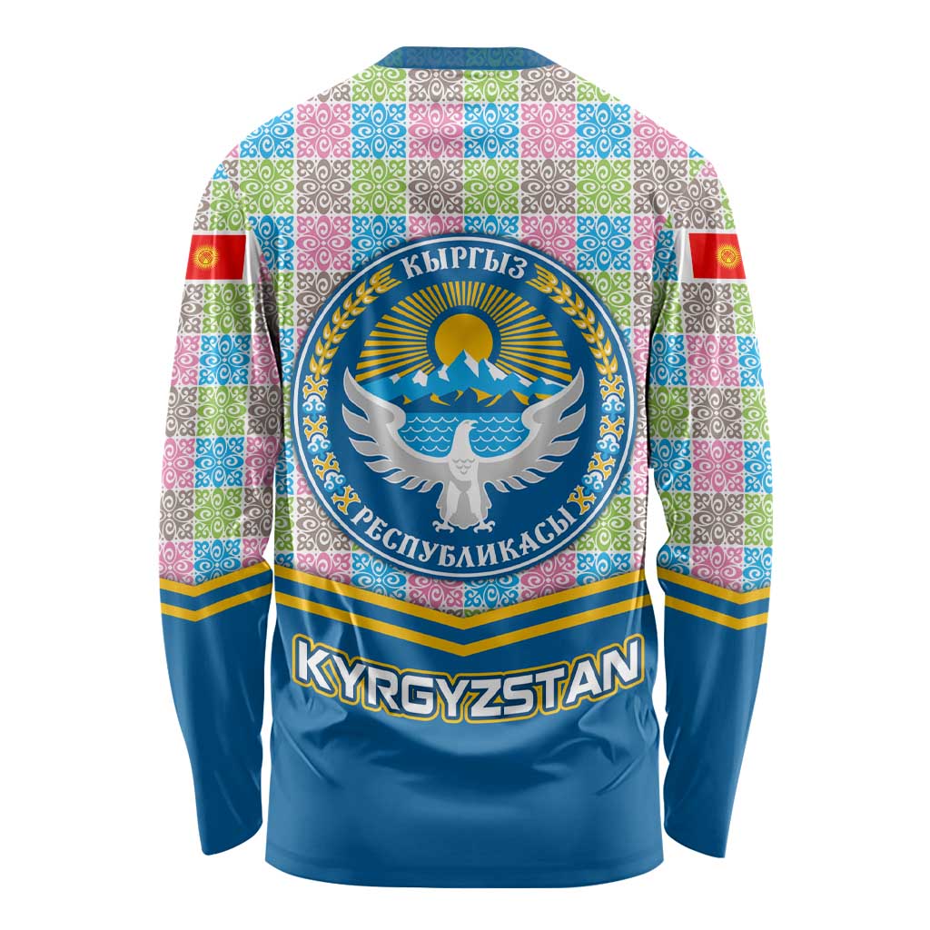 Kyrgyzstan Colorful Patchwork Pattern Long Sleeve Shirt with National Crest and Flag Accents