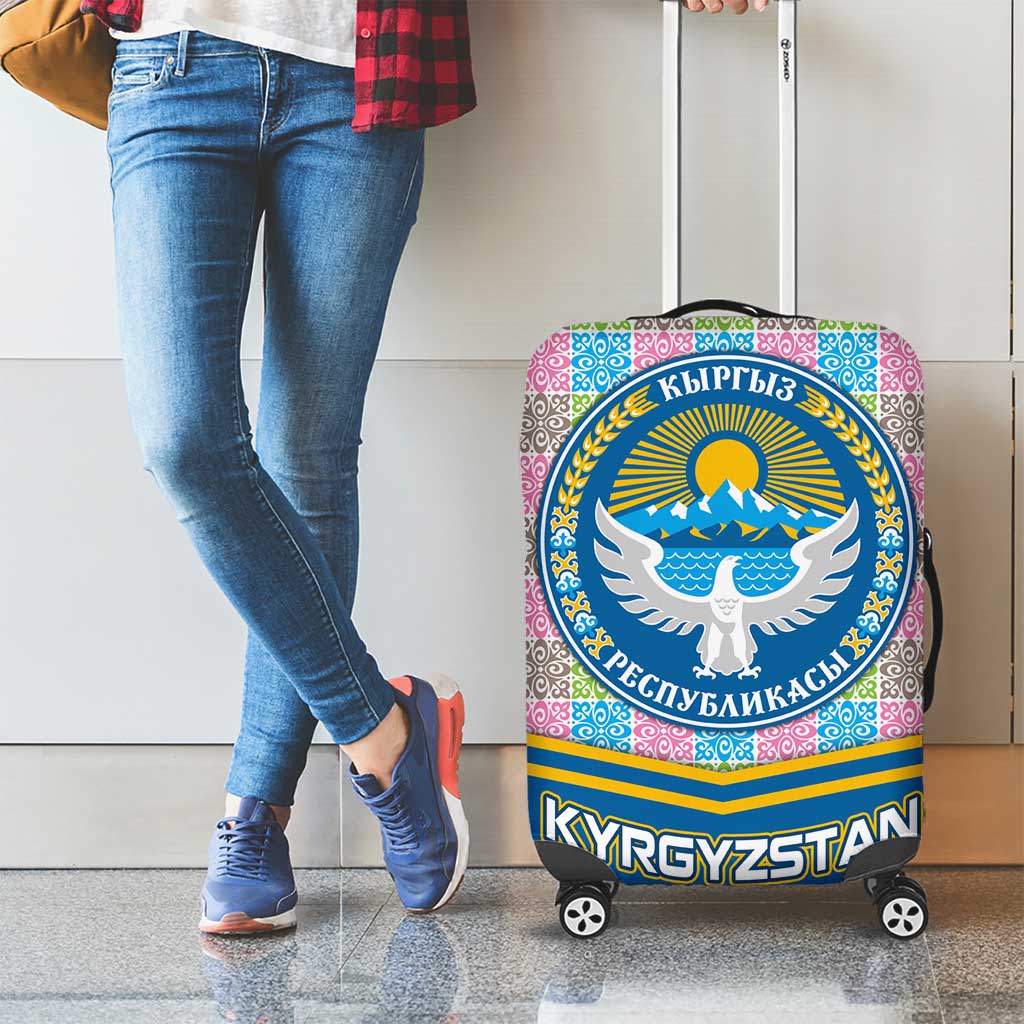 Kyrgyzstan Colorful Patchwork Pattern Luggage Cover with National Crest and Flag Accents