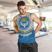 Kyrgyzstan Colorful Patchwork Pattern Men Tank Top with National Crest and Flag Accents