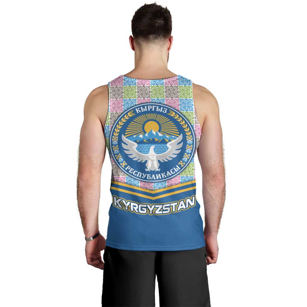 Kyrgyzstan Colorful Patchwork Pattern Men Tank Top with National Crest and Flag Accents