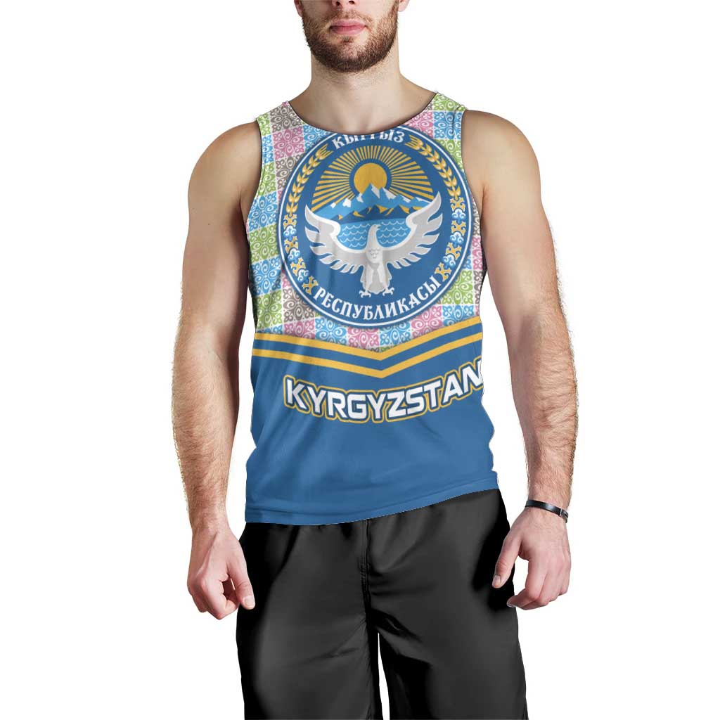 Kyrgyzstan Colorful Patchwork Pattern Men Tank Top with National Crest and Flag Accents