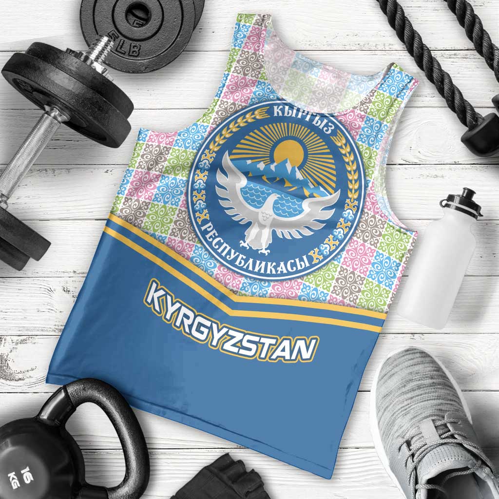 Kyrgyzstan Colorful Patchwork Pattern Men Tank Top with National Crest and Flag Accents