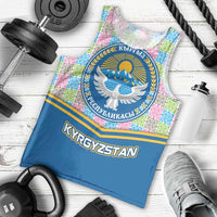 Kyrgyzstan Colorful Patchwork Pattern Men Tank Top with National Crest and Flag Accents