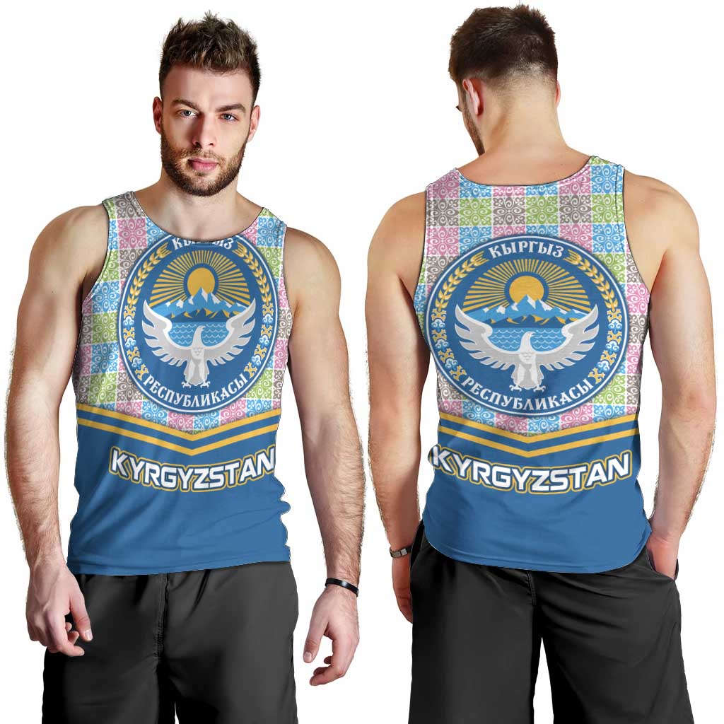Kyrgyzstan Colorful Patchwork Pattern Men Tank Top with National Crest and Flag Accents