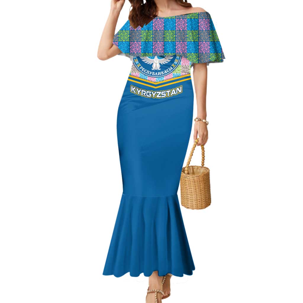 Kyrgyzstan Colorful Patchwork Pattern Mermaid Dress with National Crest and Flag Accents