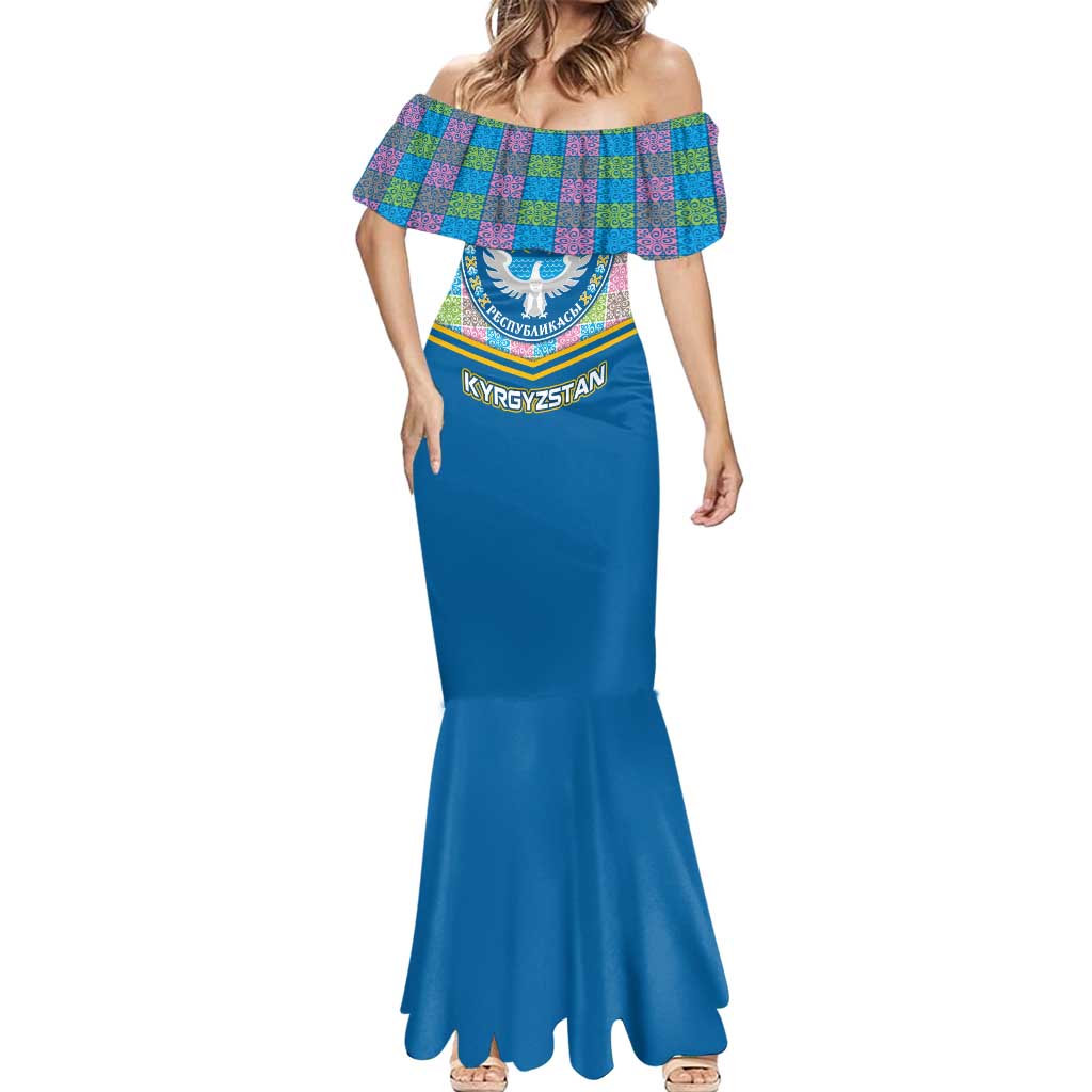 Kyrgyzstan Colorful Patchwork Pattern Mermaid Dress with National Crest and Flag Accents